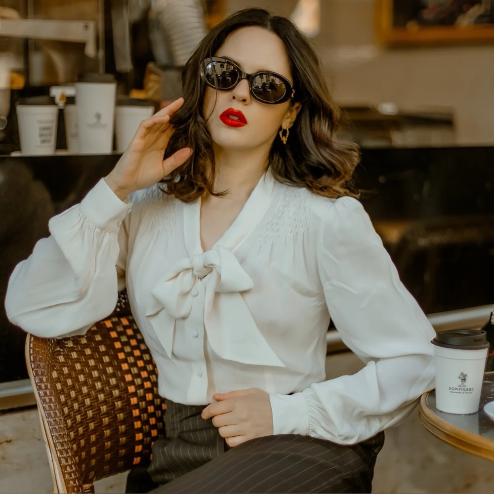 Seamstress of Bloomsbury Eva Bow Blouse Long Sleeve Cream